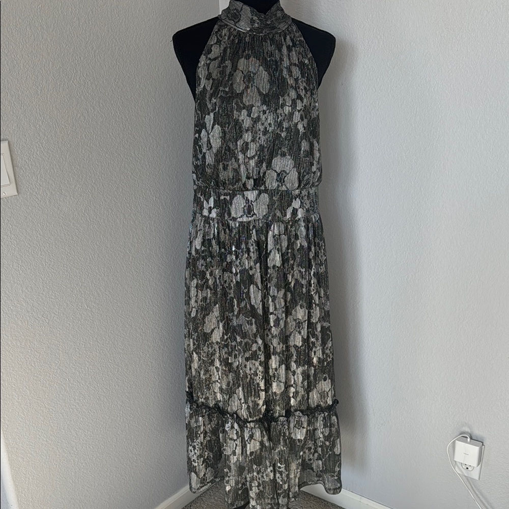 Gray and Black Midi Sundress with Halter Neckline for Cocktail